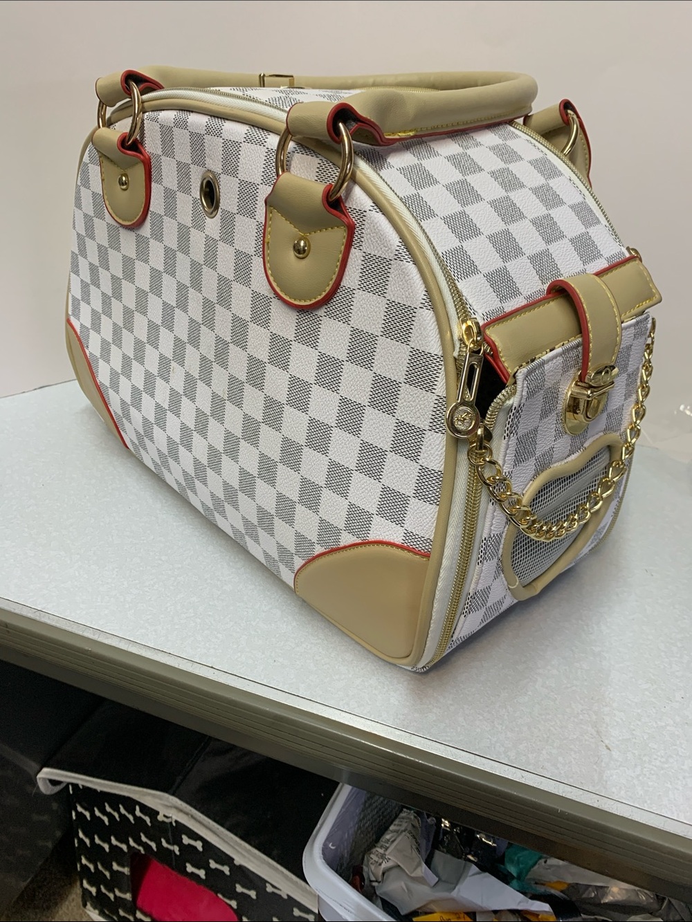 White Checkered Luxury Inspired Pet Carrier Bag - Small Dog / Cat Travel Tote